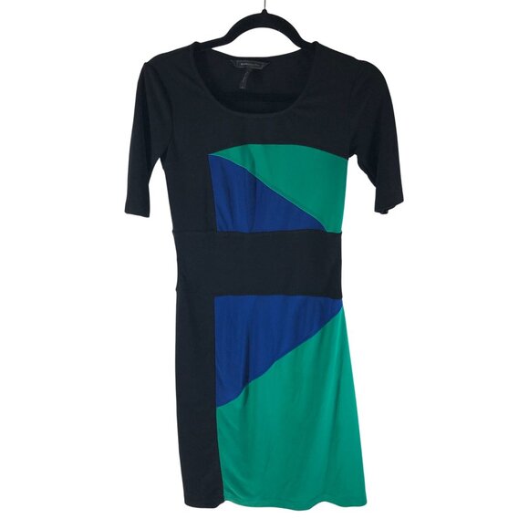 BCBGMaxAzria Leticia Dress Colorblock Short Sleeve Stretch Black Green Blue XS - Picture 1 of 4